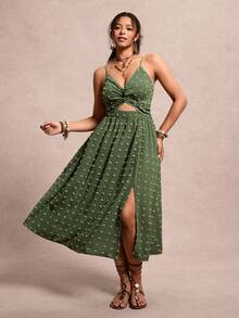SHEIN VCAY Đầm không tay xẻ cao, màu trơn, kiểu xoắn rỗng, cỡ lớn - xanh quân đội - Xem 5