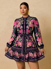 SHEIN TRVLCHIC Plus Size Women's Tropical Plant Print Long Sleeve Dress, Suitable For Holiday/Resort Wear, Autumn/Winter - Royal Blue - View 1