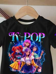 SHEIN Áo thun ngắn tay cổ tròn in chữ và ngôi sao K-POP nhóm nhạc nữ thời trang và cá tính, nhiều màu sắc, phù hợp cho các kỳ nghỉ, tiệc tùng, mặc hàng ngày, buổi hòa nhạc, thiết kế giản dị và tối giản, thích hợp cho mùa hè. Áo thun K-Pop trẻ em, áo thun anime trẻ em, áo thun nhóm nhạc trẻ em, áo thun anime nữ. - Nhiều màu - Xem 4