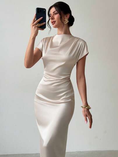 Firerie Women's Elegant Minimalist Dignified Fashion Commute Daily Versatile Vacation Date Pleated Cap Sleeve Solid Color Fitted Apricot Dress ,Summer Dress,Spring Dresses For Women