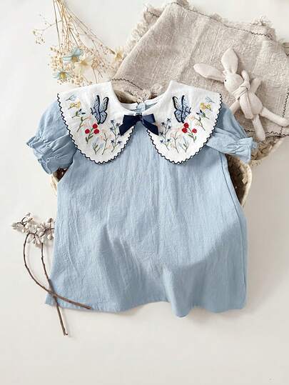 SHEIN Baby Girl Casual Floral Embroidery Peter Pan Collar Bow Decor Summer Dress