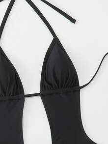 Swim SXY Solid Color Halter Drawstring Hollow One-Piece Swimsuit, Spring/Summer Sexy Sexy One Piece Swim Suit Holiday - Black - View 6