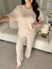 Dazy Plus Plus Size Comfortable Cherry Print Short Sleeve Top And Pants Pajama Set, Summer - White - View 6
