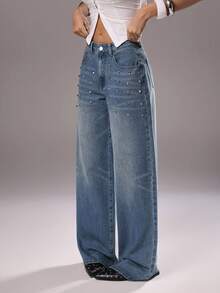 TRNVIE Y2K Fashion Casual Street Style Rivet Retro Low Waist Wide Leg Jeans - Medium Wash - View 3