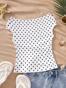 Sparklyn 1件少女复古法式黑白波点印花露肩短袖修身短款上衣，适合日常通勤、朋友聚会、休闲外出、度假，是春夏的理想之选。 - 白色 - 查看 2