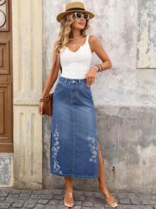 Brillora Women's Casual Washed Floral Print Side Slit Denim Mini Skirt,Summer,Boho,Vacation,Holiday,Blue And White Flower Summer Outfit Spring Easter Beach - Medium Wash - View 5