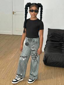 Conjunto de 2 piezas para niña preadolescente: Camiseta de manga corta negra con estampado de letras inglesas y estrellas, Pantalones negros - Negro - Ver 5