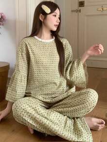 DAZY 2件套女士格子蕾丝拼接宽松七分袖直筒长款睡衣套装，夏季 - 綠色 - 查看 6