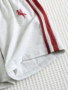 SHEIN 2件套男童休闲舒适百搭条纹缎带撞色圆领短袖T恤和纯色短裤套装 - 灰色 - 查看 9