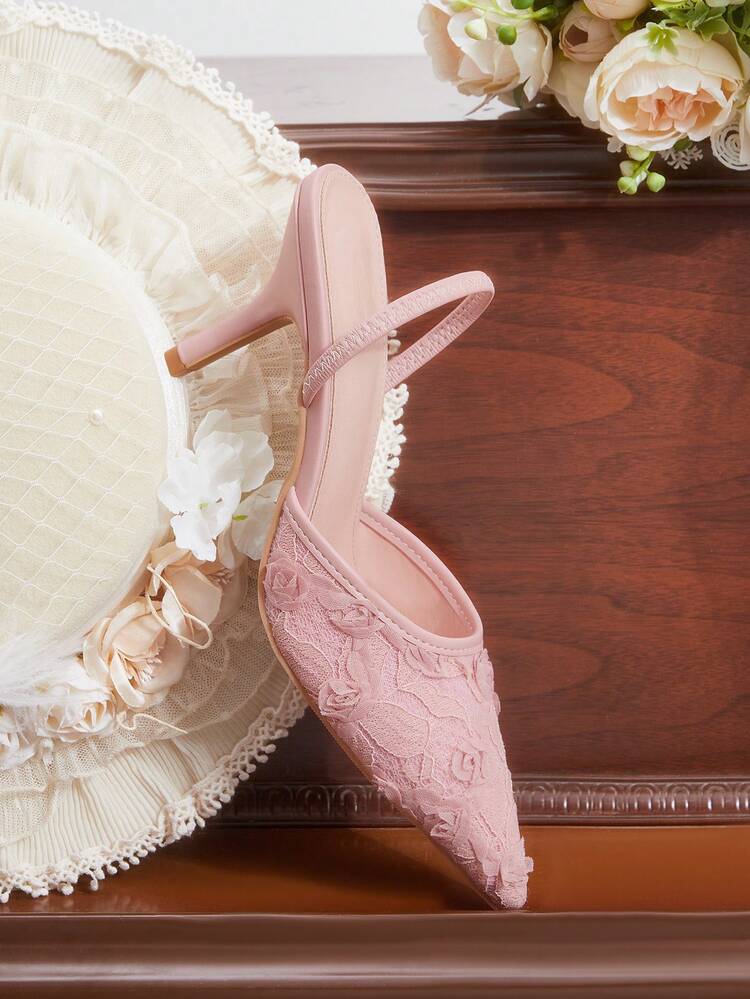 CUCCOO HITCHD New Summer Women's Pointy Toe Floral Embroidered Lace Mid Heel Elegant Romantic Mesh Lace Slip-On High Heels, Ideal For Formal Dress, Wedding, Party, Afternoon Tea, Date Night Elegant Shoes Wedding Shoes