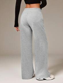 SHEIN Tall Comfortable And Casual Plain Knitted Low-Rise Wide-Leg Women's Sweatpants - Grey - View 2
