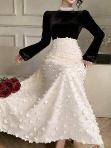 DAZY Đầm midi thanh lịch mùa xuân & hè với thiết kế đính cườm, thắt eo, phù hợp cho các dịp thường nhật, nghỉ mát, đám cưới, tiệc tùng, đi làm. - màu đen - Xem 1