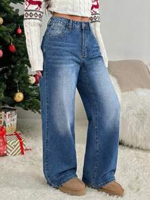 SHEIN PETITE Casual Washed Loose Straight Leg Jeans - Medium Wash - View 5