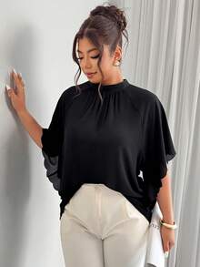 Elenzga Blusa holgada con cuello redondo, mangas fruncidas y bajo ondulado para mujer talla grande, primavera/verano - Negro - Ver 5