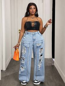 Breezaya Damen Große Größen High Waist Jeans mit Taschen, weites Bein, locker, lässig - Blau - Übersicht 5