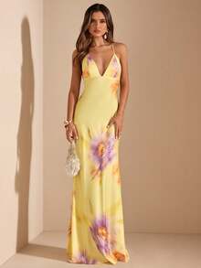 SHEIN BAE 黄色碎花深V领露背修身连衣裙，优雅美人鱼廓形度假沙滩裙，夏季连衣裙，黄色碎花连衣裙 - 淡黃色 - 查看 3