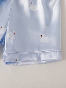 2件套 女童优雅可爱天鹅图案缎面面料休闲舒适睡衣 - 淺藍色 - 查看 9