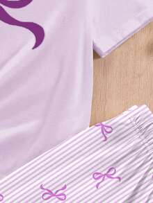 Purple Striped Bow Print, Tween Girls Casual Loungewear Set, Round Neck Short Sleeve Top And Loose Pants, 2pcs,Kids - Multicolor - View 5