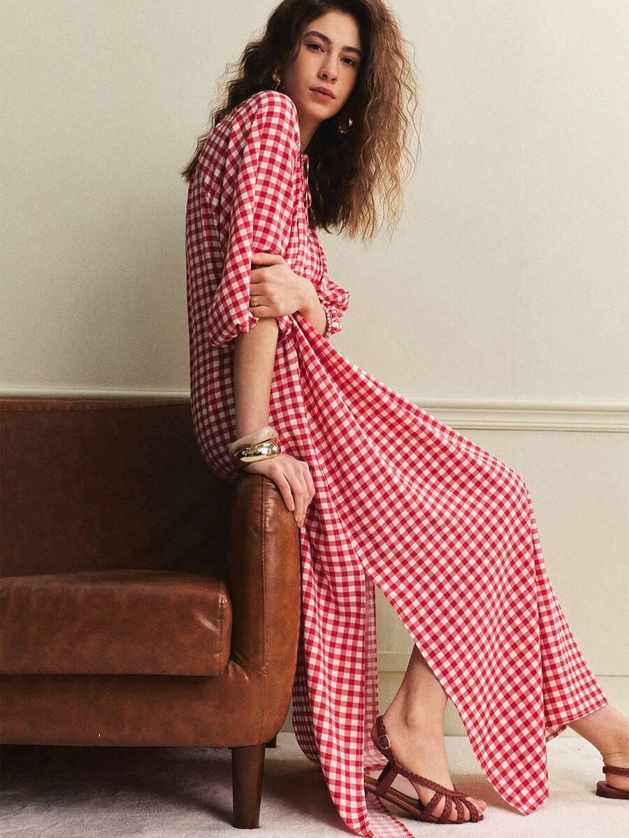 Écloséra New Summer Holiday Women's Dress, Elegant Long Dress, Retro Plaid Long Dress, Exquisite Neckline Design, Tie-Waist Dress, Simple And Loose Red And White Plaid Neckline, V-Neck, Tie-Waist Sleeves, Three-Quarter Lantern Sleeves, Long Dress For Women's Vacation, Plaid Dress, Red Dress, Loose And Flowy Casual Dress, Plaid Robe - Rose Red - View 1