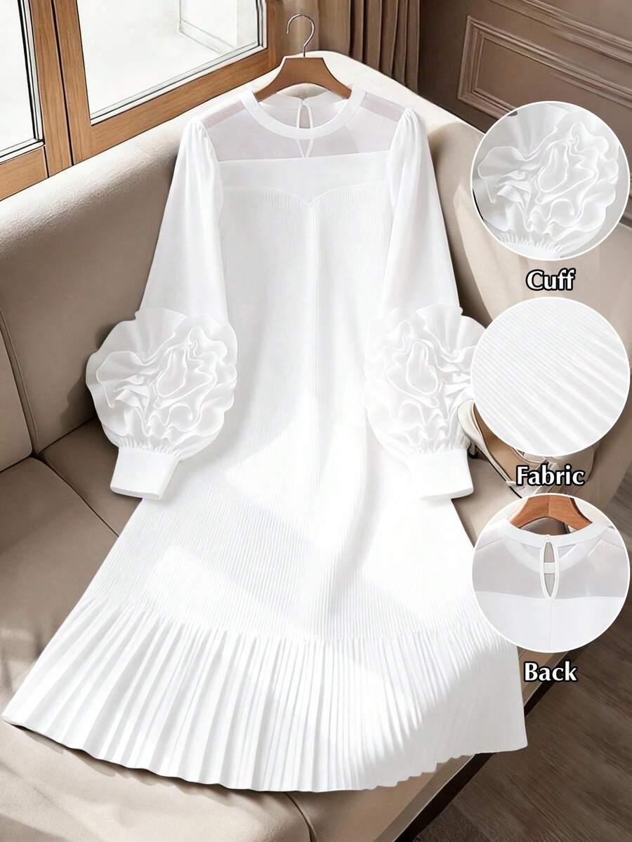 GlowEve CURVE Đầm dài tay xếp ly họa tiết hoa 3D màu đen cỡ lớn - trắng - Xem 1