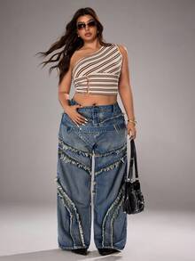 Jeanoix Jeans de pierna ancha lavados y deshilachados de talla grande - Azul - Ver 4