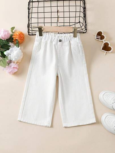 Young Girls Denim Jeans, Summer New Arrival, All Season, Washed Denim Color, Casual Cute, Loose Straight Leg Silhouette, Comfortable Cotton Denim Fabric, Suitable For Daily Wear, Home, Commute