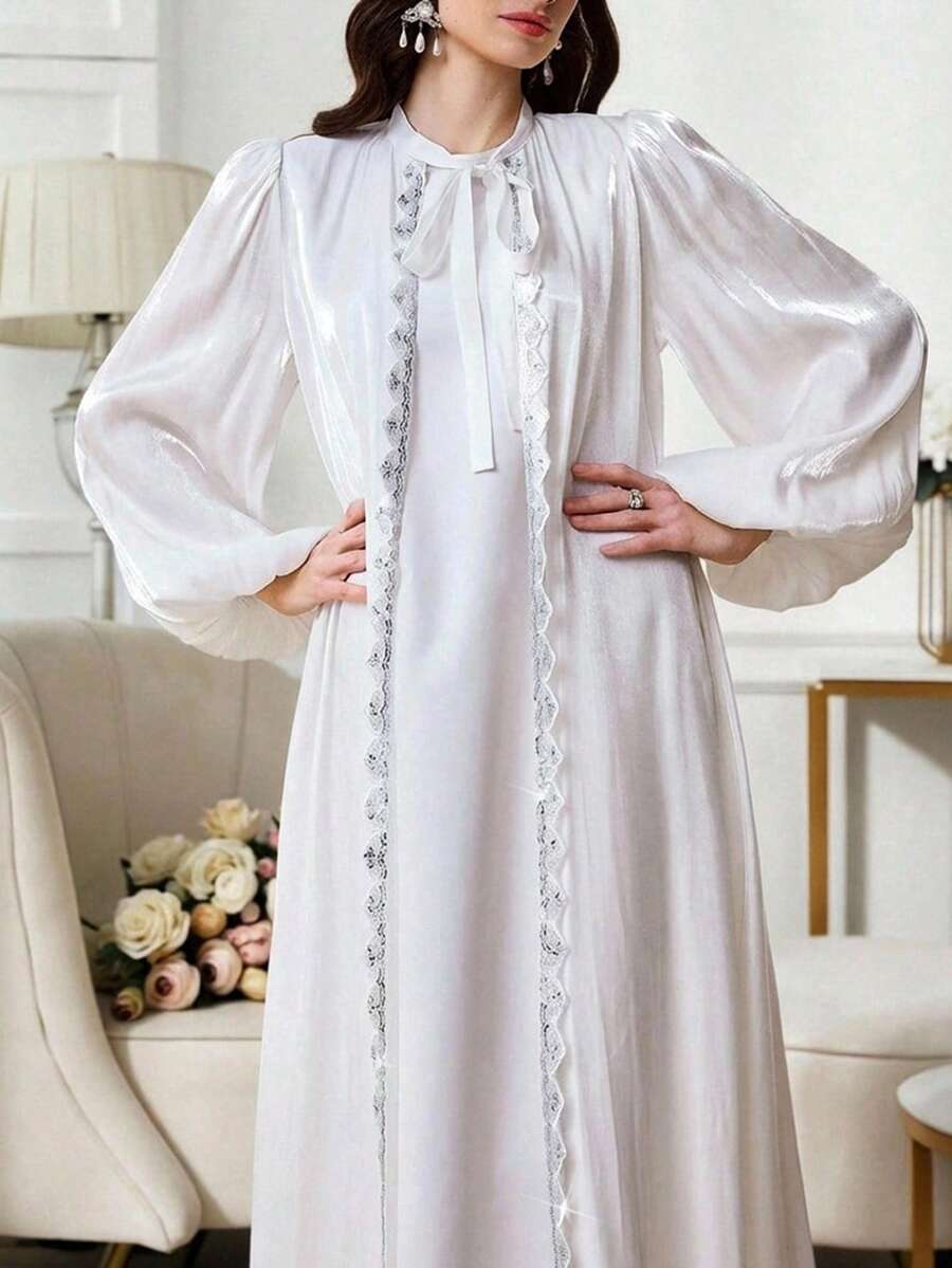 Al Najma Women's Long Sleeve Robe With Rhinestone Decor And Sleeveless Round Neck Dress Arabic Abaya Set - White - View 1