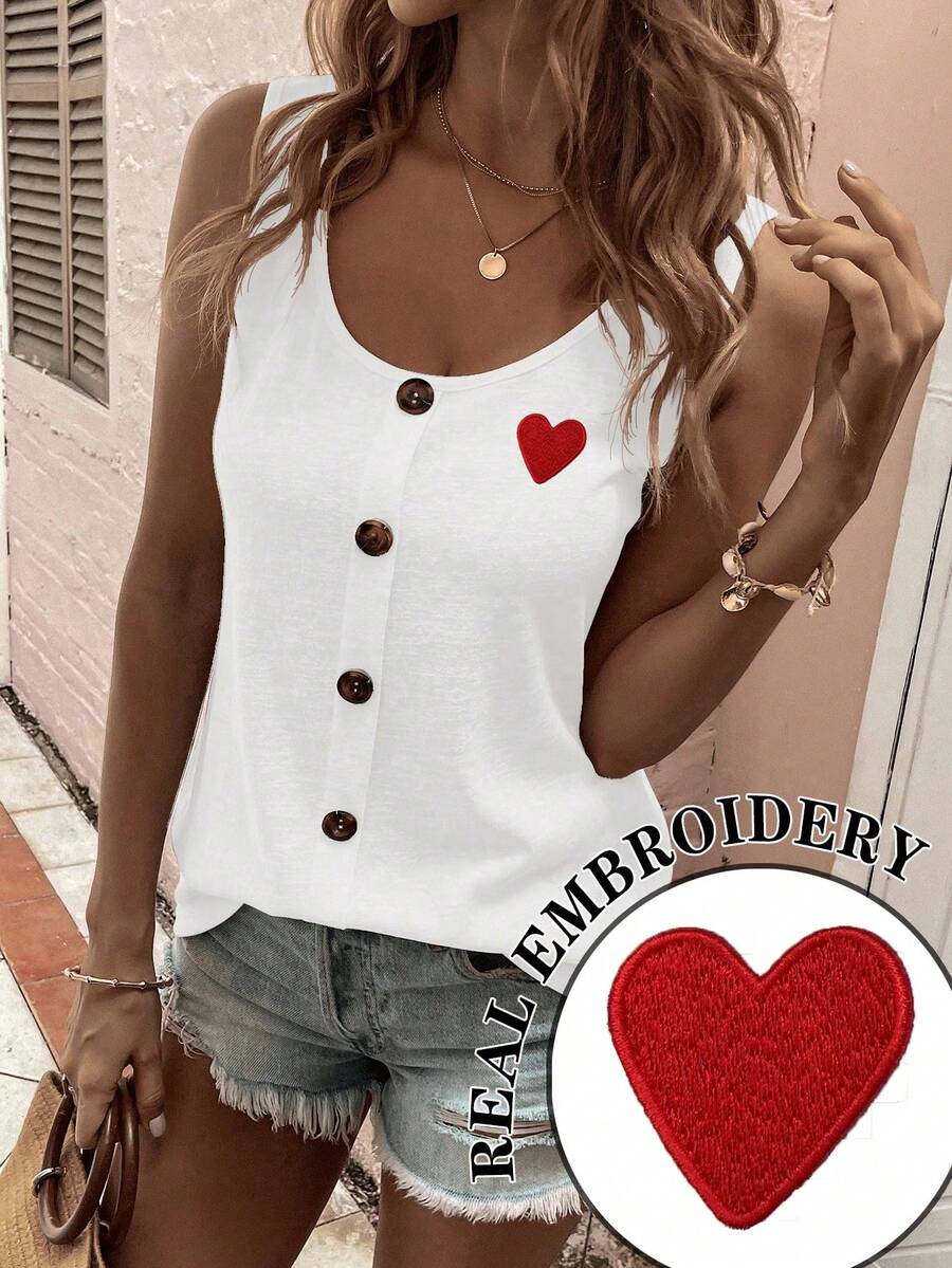 Selamara 新款春夏热销款正面装饰贴片心形刺绣设计女式背心 - 白色 - 查看 1