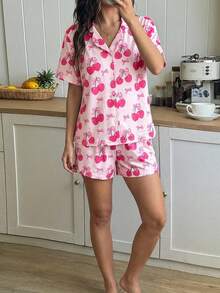 少女两件套睡衣，心形樱桃蝴蝶结印花针织短袖开衫上衣和印花短裤，家居服，甜美派对装扮 - 粉色 - 查看 8