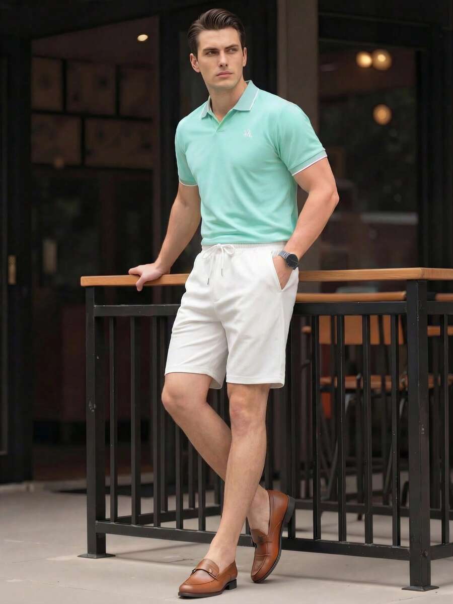Manfinity Bizformal 男士薄荷绿马绣Polo衫及白色短裤套装 - 优质珠地布,透气面料,常规版型,适合高尔夫和海滩穿着/清新男士薄荷绿Polo衫及短裤套装 - 马绣,男士两件套,男士两件套,男士夏季套装 - 彩色 - 查看 1