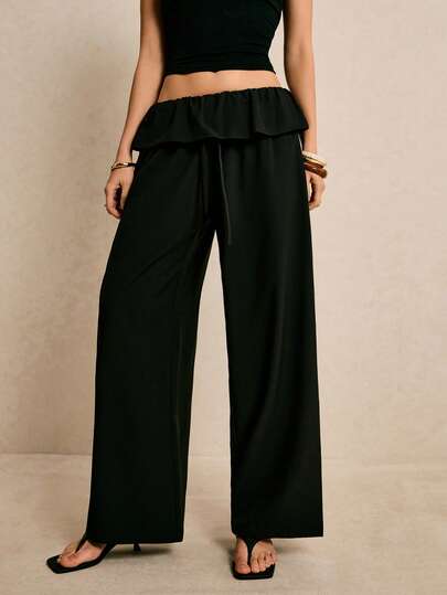 Poéselle Women's Ruffle-Waist Wide-Leg Pants – High-Rise Drawstring Palazzo Trousers For Effortless Chic & Resort Lounge Style Ruffle Waist Pants Black Palazzo Trousers Wide Leg Lounge Pants Resort Wear Outfits Quiet Luxury Style Minimal Chic Bottoms Solid Color Casual Versatile Wide Leg Suit Pants For Daily Wear Summer Outfits Going Out Outfits