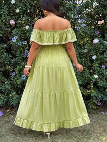 Sunnyshic Woven Fabric Plus Size Green Casual Shirred Off The Shoulder Long A Line Dress Featuring Cold Shoulder Short Sleeves And Flared Hem - Green - View 2