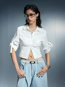 Airlisse Women's Retro High-Waist Long Sleeve Tie Design Button-Up Pleated Fitted Blouse - White - View 5