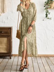 Florisole 女士休闲度假佩斯利印花荷叶边连衣裙，秋季 - 綠色 - 查看 1