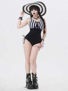 ROMWE Goth 女士哥特摇滚风系带V领黑白条纹连体泳衣 - 彩色 - 查看 6