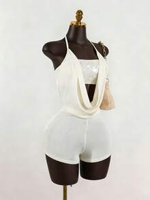 SaltGleam SaltGleam Women's Sequin Bandeau Top And Bodycon Jumpsuit 2 Pieces Set - Beige - View 1