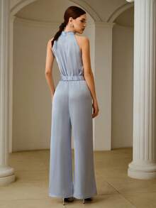 ZEYLAH Women's Satin Ruched Halter Belted Wide Leg Jumpsuit - Blue - View 3