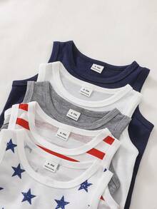 SHEIN Infant Boys' Basic Striped & Solid Color Round Neck Sleeveless Tops, Multi-Pack, Summer - Multicolor - View 4