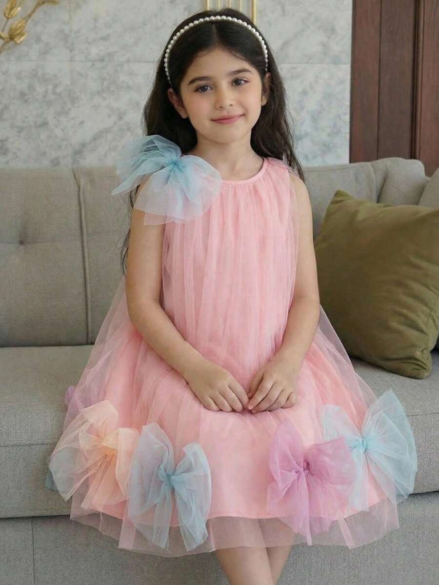 SHEIN Young Girls Blush Pink Tulle Dress,Summer Flower Girl Formal Fairy Dress With Bows,Girls Sleeveless Mesh Patchwork Ruffle Hem Pastel Woven Dress - Multicolor - View 1