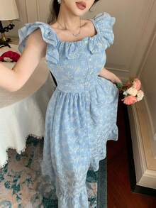 DAZY Đầm slip tay ngắn xếp ly họa tiết hoa nhí, đầm maxi cổ vuông thanh lịch dành cho công sở. - Màu xanh lam - Xem 5