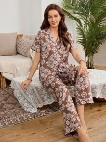 SHEIN Vacation Style Brown Totem Print Bubble Collar Short Sleeve Pants Women Pajama Set - Multicolor - View 1
