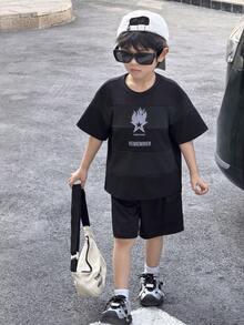SHEIN Little Byeori Young Boys Casual Patchwork Striped Print Short Sleeve T-Shirt And Shorts Set - Black - View 1