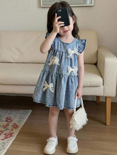 Genkimix Kids 1 pieza Vestido casual de niña bebé de mezclilla azul lavada con lazo bordado y decoración floral