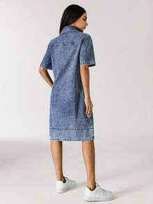 Flexra Women's Summer Polo Collar Short Sleeve Straight Loose Casual Denim Dress - Blue - View 2