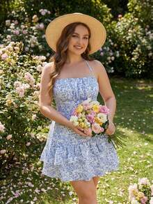 SHEIN MOD 大码女式花卉印花荷叶边下摆挂脖迷你连衣裙，夏季，沙滩裙，太阳裙，波西米亚风度假装 - 藍白色 - 查看 4