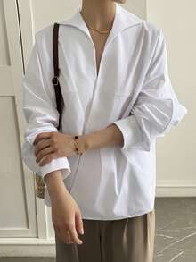 Livesso Women's White Solid Color Cotton Collared Shirt, Suitable For Commuting, Spring - White - View 4
