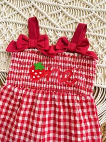 SHEIN LMoss Kids 女婴可爱休闲红白格子草莓图案蝴蝶结装饰连体衣 - 彩色 - 查看 7
