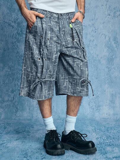 ROMWE MEN Street Life Men's Corn Callus Lace-Up Striped Denim Shorts