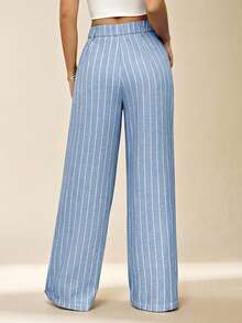 SHEIN PETITE 女士条纹长裤 夏威夷风情 女士办公套装 女士家居舒适裤 女士两件套 女士套装 秋冬款 - 藍色 - 查看 2
