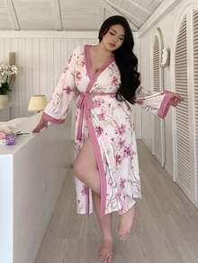 Dazy Plus Plus Size Women Floral Print Trim Tie Waist Loose Robe - Pink - View 6